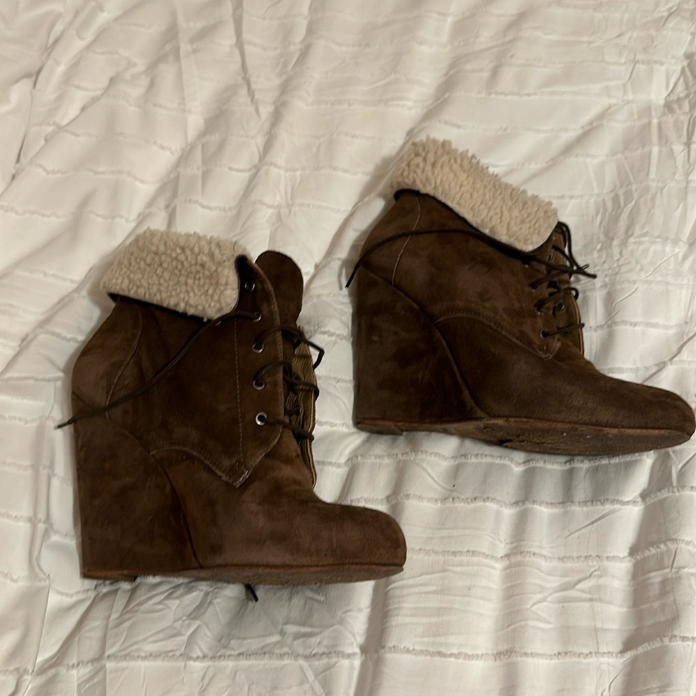 Brown Andre Candela wedges. Worn but comes with box and dust bag.
